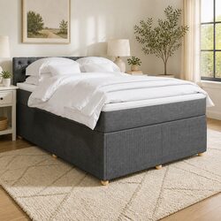 Queen Box Spring Bed with Pocket Mattress Grey Fabric Bedroom Furniture Frame