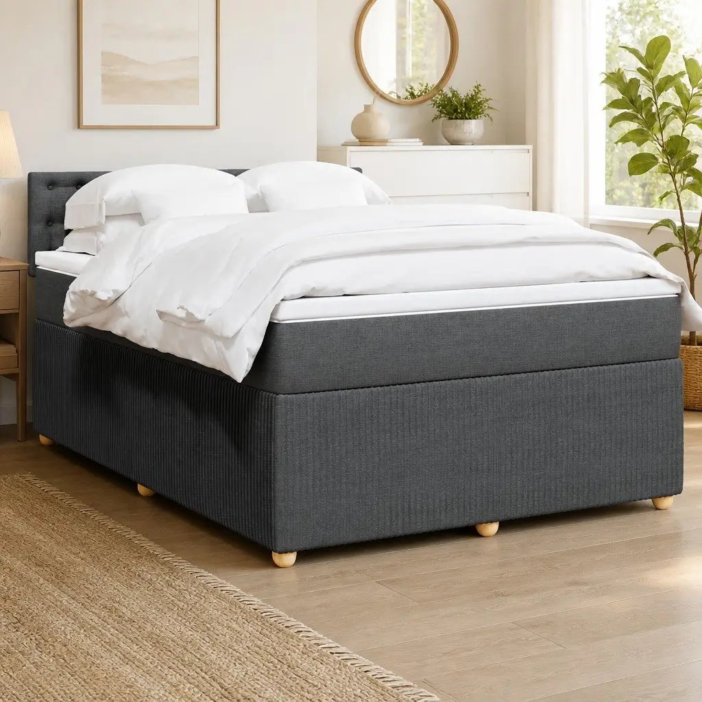 Queen Box Spring Bed Pocket Spring Mattress Slatted Base Dark Grey Fabric