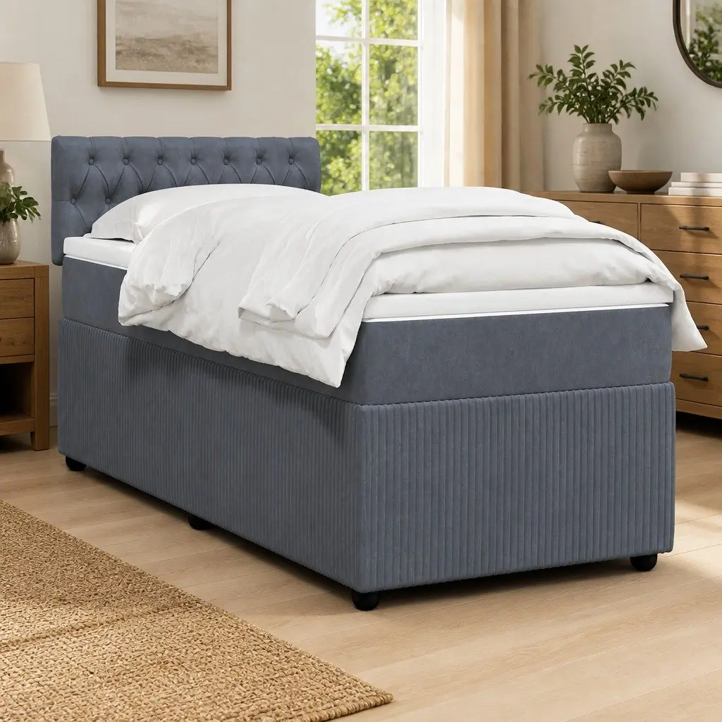 King Single Box Spring Bed Velvet Dark Grey with Pocket Mattress