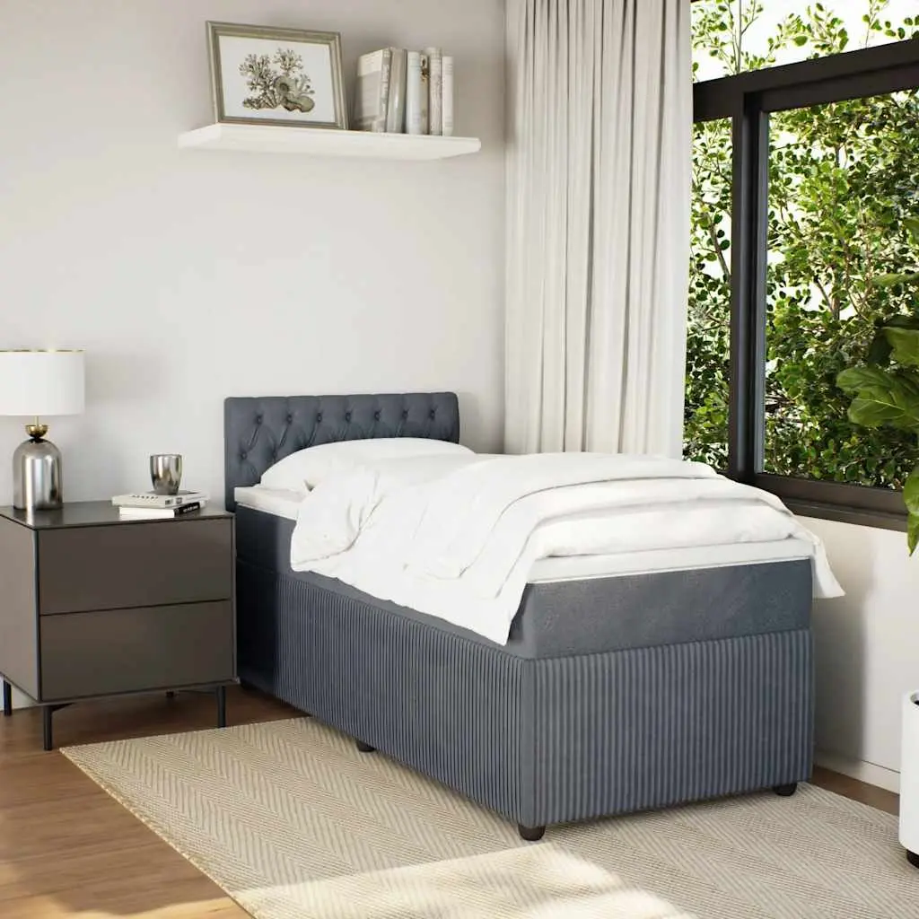 King Single Box Spring Bed Velvet Dark Grey with Pocket Mattress