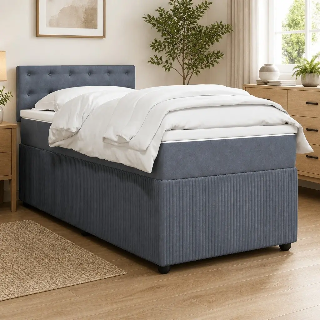 King Single Box Spring Bed with Pocket Mattress Grey Velvet Bedroom Furniture
