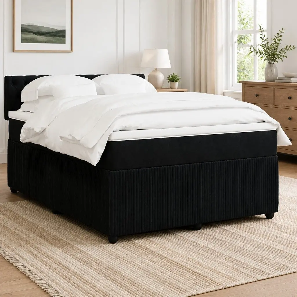 Double Velvet Bed Frame with Pocket Spring Mattress Black Slatted Base Bedroom Furniture