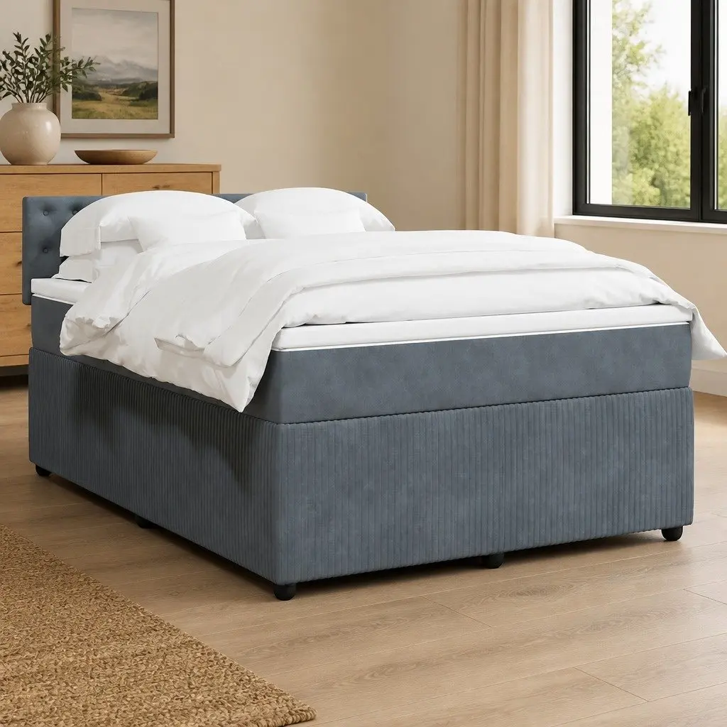 Double Bed Grey Velvet Upholstered Frame Pocket Spring Mattress with Slatted Base