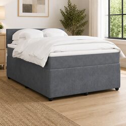 Grey Velvet Queen Box Spring Bed with Slatted Base Support
