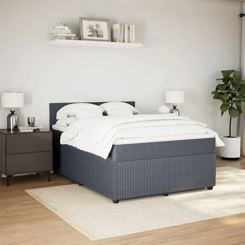 Grey Velvet Queen Box Spring Bed with Slatted Base Support