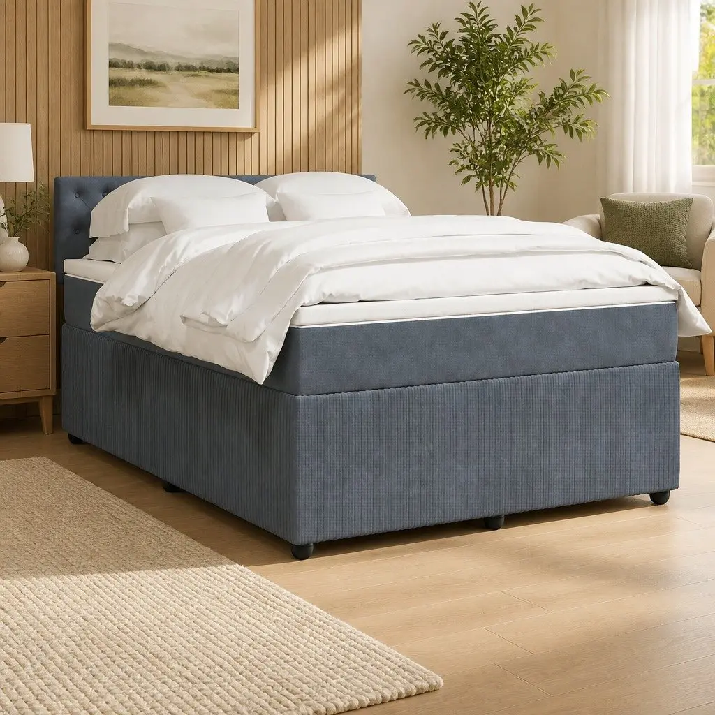 Queen Bed Frame Velvet Upholstered Slatted Base Pocket Spring Mattress Grey