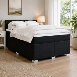 Double Box Spring Bed with Pocket Spring Mattress LED Lights Black Fabric