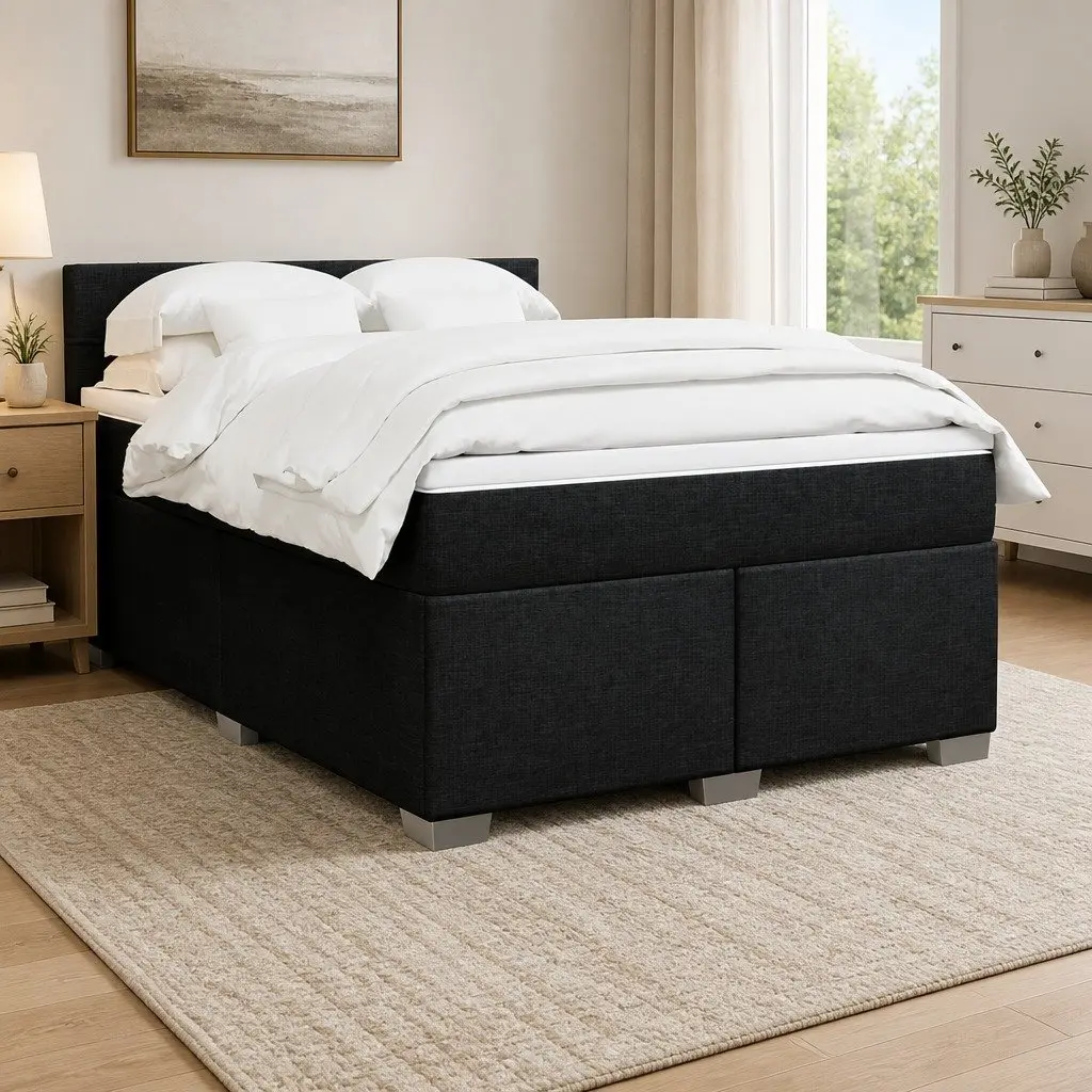 Double Box Spring Bed with Mattress Black Fabric Bed Frame LED Lights Bedroom