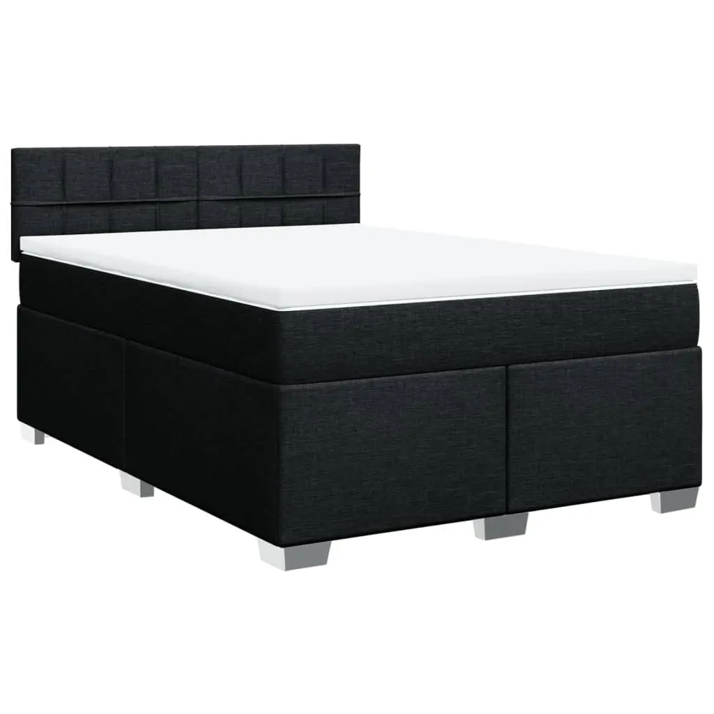 Double Box Spring Bed with Mattress Black Fabric Bed Frame LED Lights Bedroom