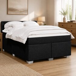 Double Box Spring Bed with Pocket Spring Mattress LED Lights Black Fabric