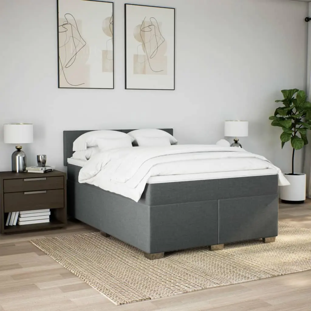 Queen Box Spring Bed Pocket Spring Mattress Grey Fabric with LED Light