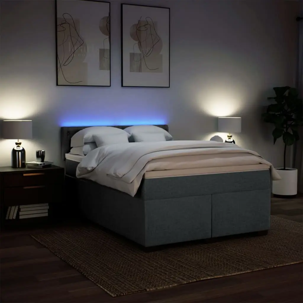 Queen Box Spring Bed Pocket Spring Mattress Grey Fabric Frame with LED Lights