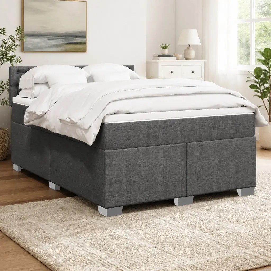 Queen Box Spring Bed Pocket Spring Mattress Grey Fabric with LED Lights