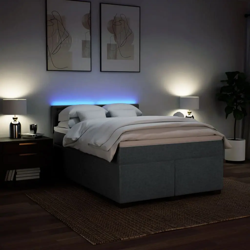 Queen Box Spring Bed Pocket Spring Mattress Grey Fabric with LED Lights