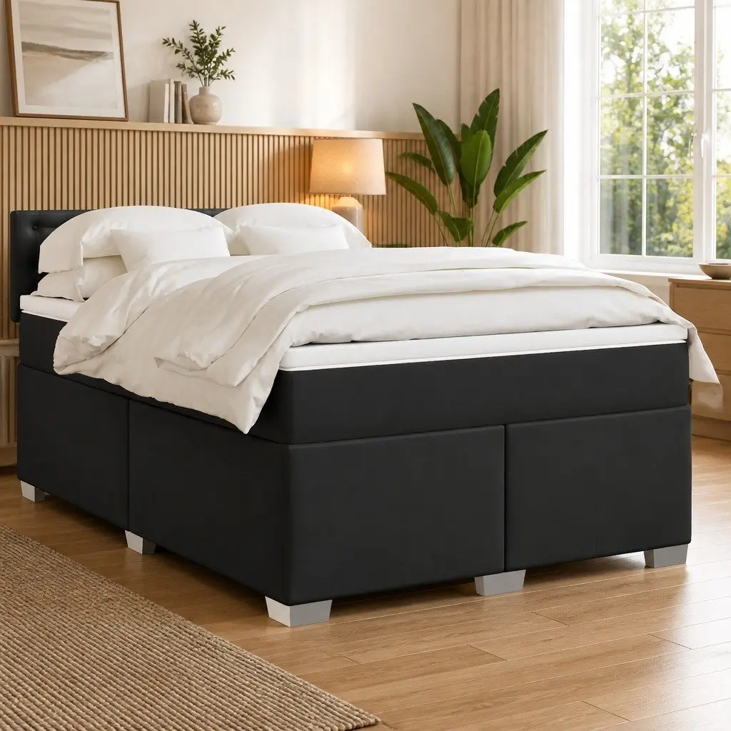 Queen Box Spring Bed with Pocket Sprung Mattress LED Lights Black Faux Leather