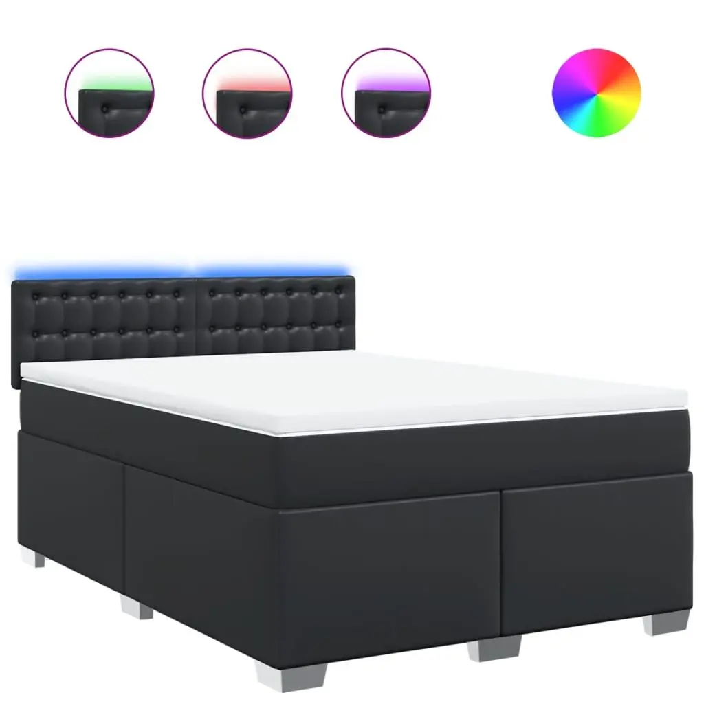 Queen Box Spring Bed with Pocket Sprung Mattress LED Lights Black Faux Leather