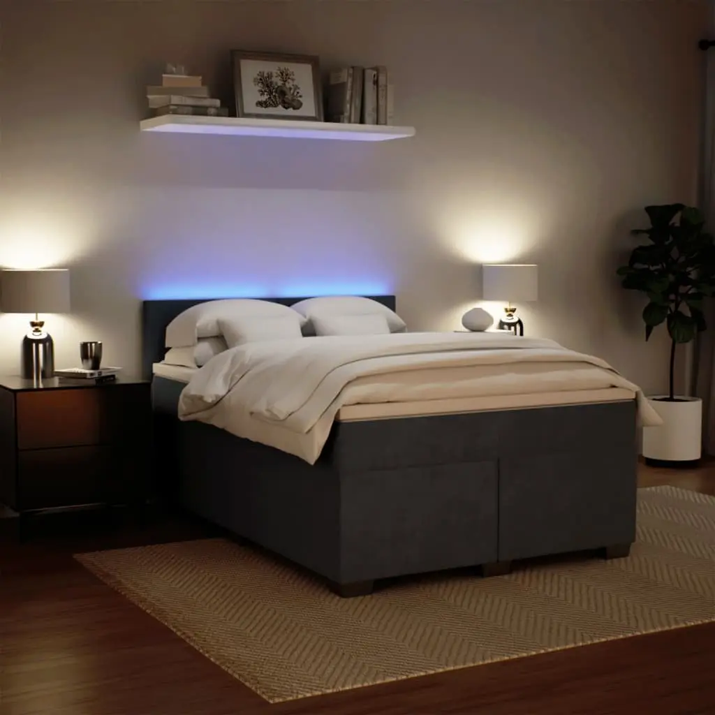 Double Bed Frame Grey Velvet Upholstery Pocket Spring Mattress with Adjustable LED Lighting