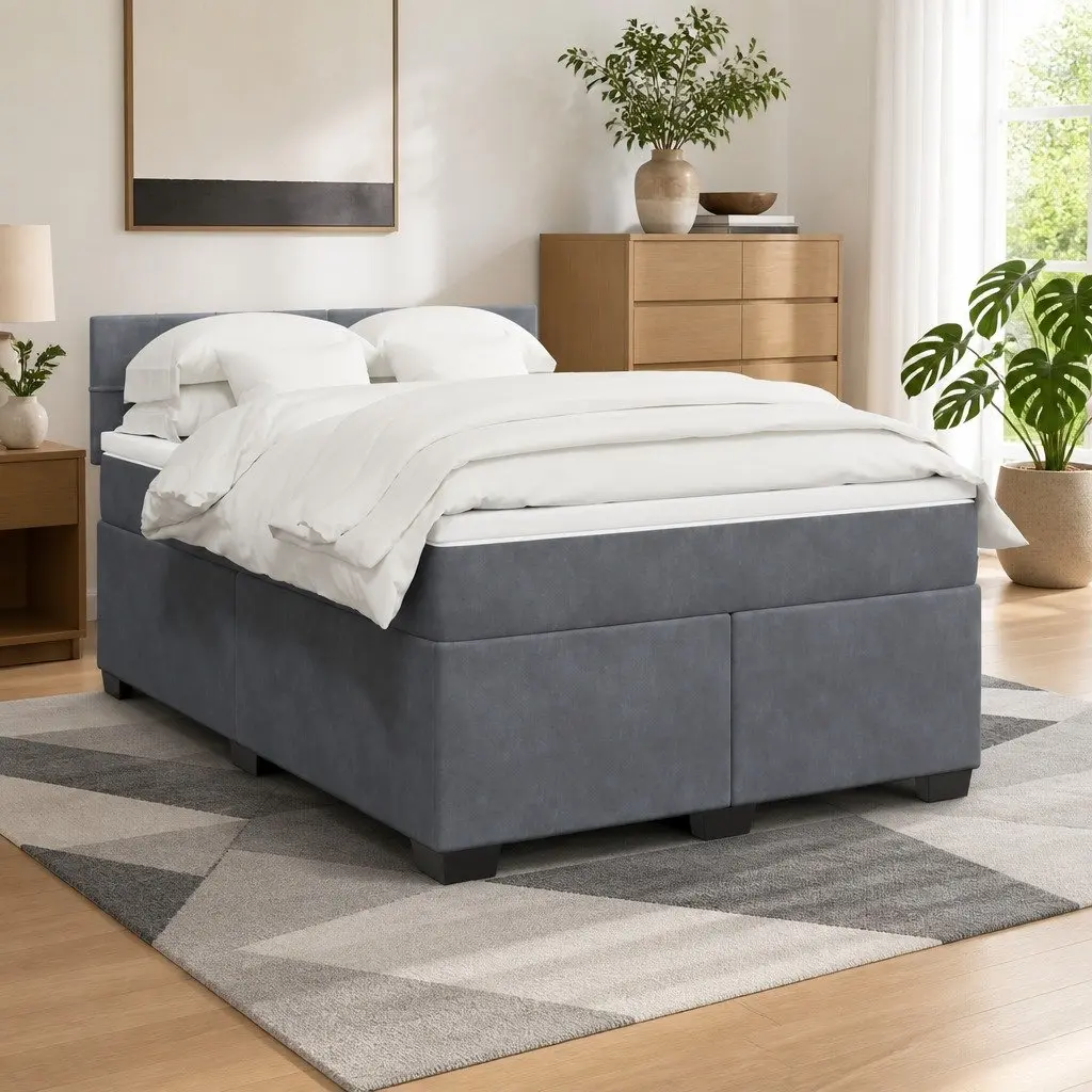 Box Spring Bed Velvet Double Size Dark Grey with Mattress and LED Lights
