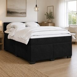 Double Box Spring Bed with Pocket Mattress LED Lights Black Velvet Upholstered