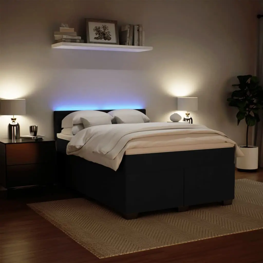 Double Box Spring Bed Velvet Upholstered Pocket Spring Mattress LED Lights Black