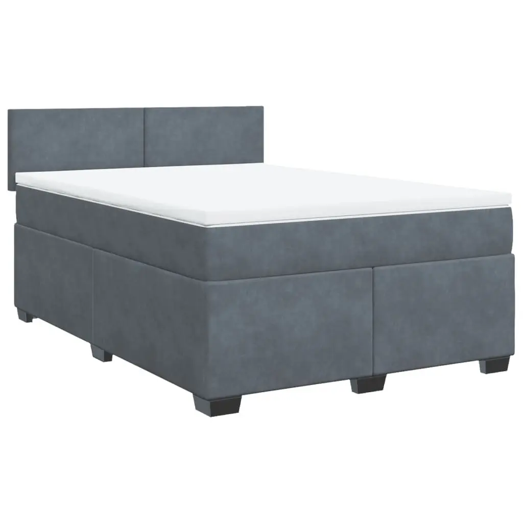 Box Spring Bed Velvet Fabric Queen Size Dark Grey with Mattress and LED Lights
