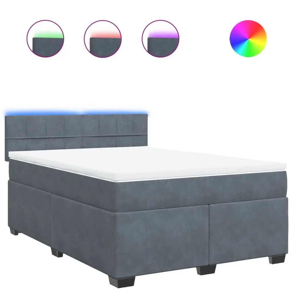 Queen Box Spring Bed with Pocket Mattress LED Lights Grey Velvet Fabric