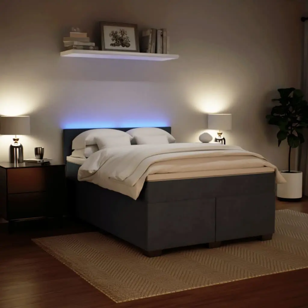 Queen Box Spring Bed with Pocket Mattress LED Lights Grey Velvet Fabric