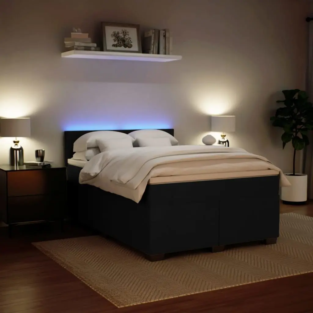 Queen Box Spring Bed Velvet Black with Pocket Spring Mattress and LED Lights