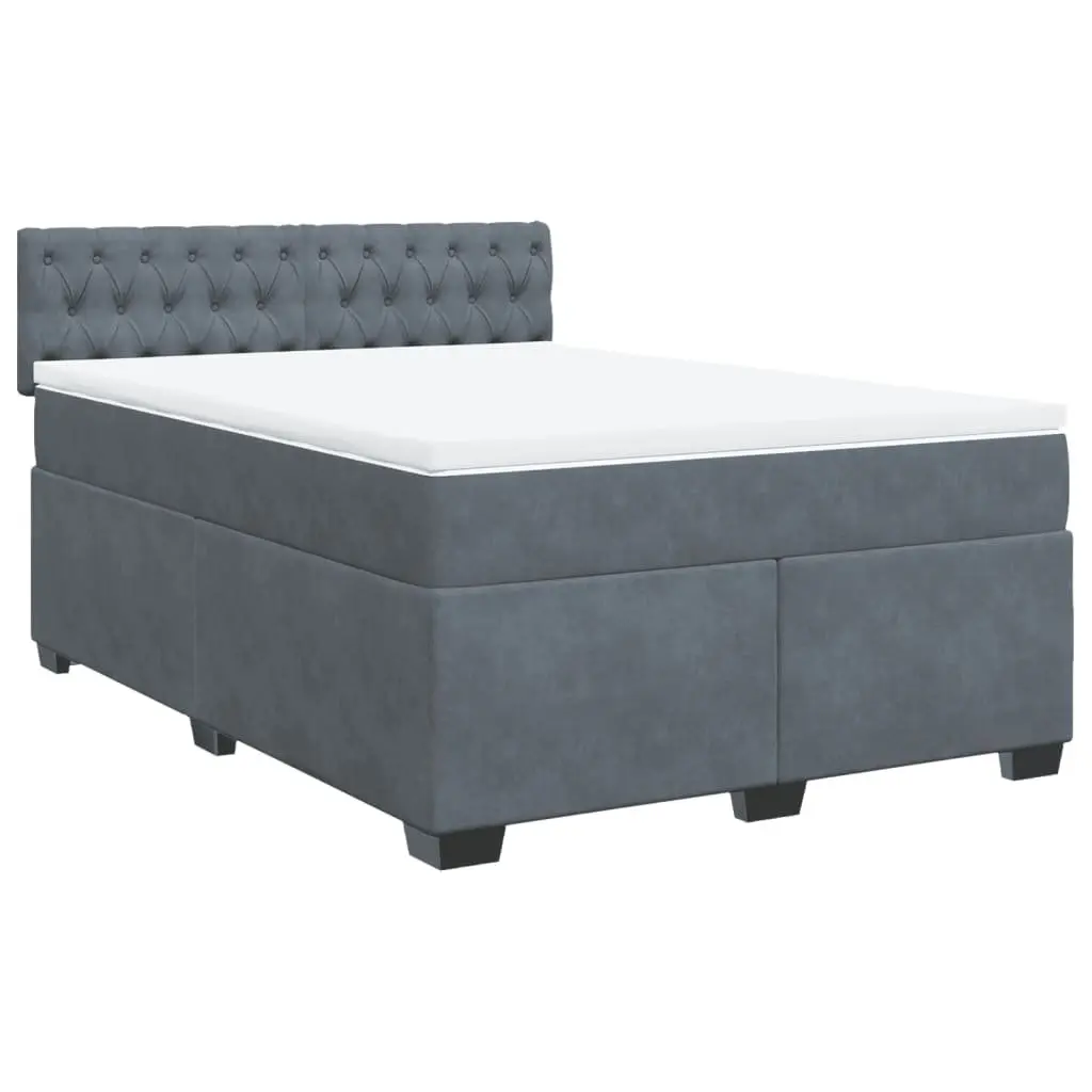 Queen Box Spring Bed Velvet Grey with Pocket Spring Mattress and LED Lights