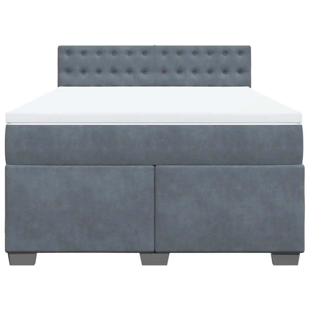 Queen Size Box Spring Bed Velvet Grey with Pocket Sprung Mattress and LED Lights