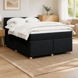 Double Box Spring Bed with Pocket Spring Mattress LED Lights Black Fabric