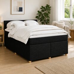 Double Bed Frame with Pocket Spring Mattress LED Lights Black Fabric Box Spring