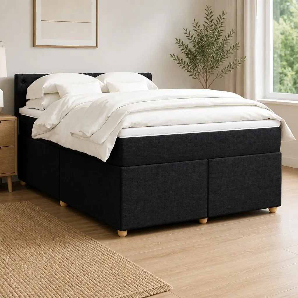 Double Box Spring Bed Pocket Sprung Mattress Black Fabric