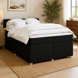 Double Box Spring Bed with Pocket Mattress LED Lights Black Fabric Frame