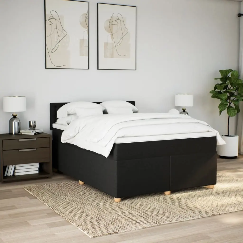 Double Box Spring Bed with Pocket Spring Mattress Black Fabric Double Size with LED Lights