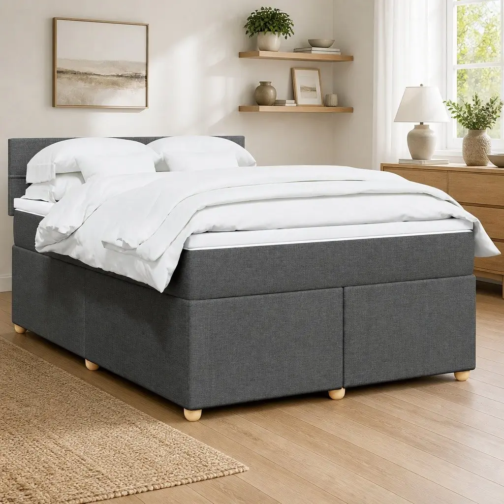 Queen Box Spring Bed Pocket Spring Mattress Dark Grey Fabric