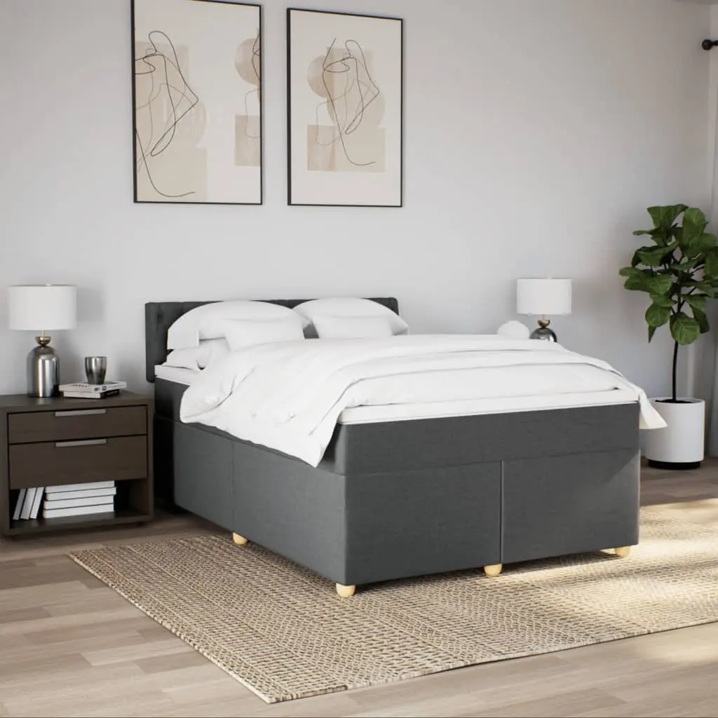 Queen Size Box Spring Bed with Mattress Dark Grey Fabric LED Lights Bedroom