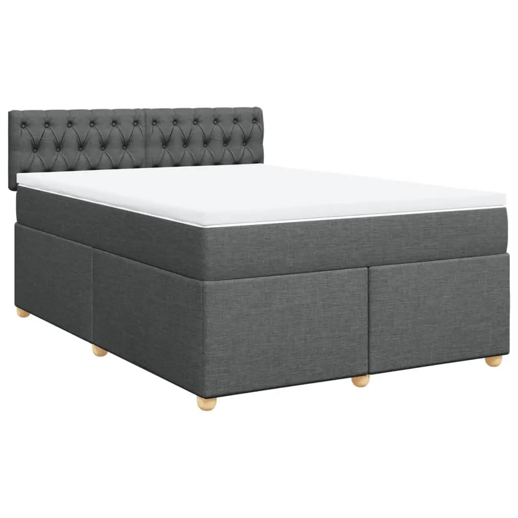 Queen Size Box Spring Bed with Mattress Dark Grey Fabric LED Lights Bedroom