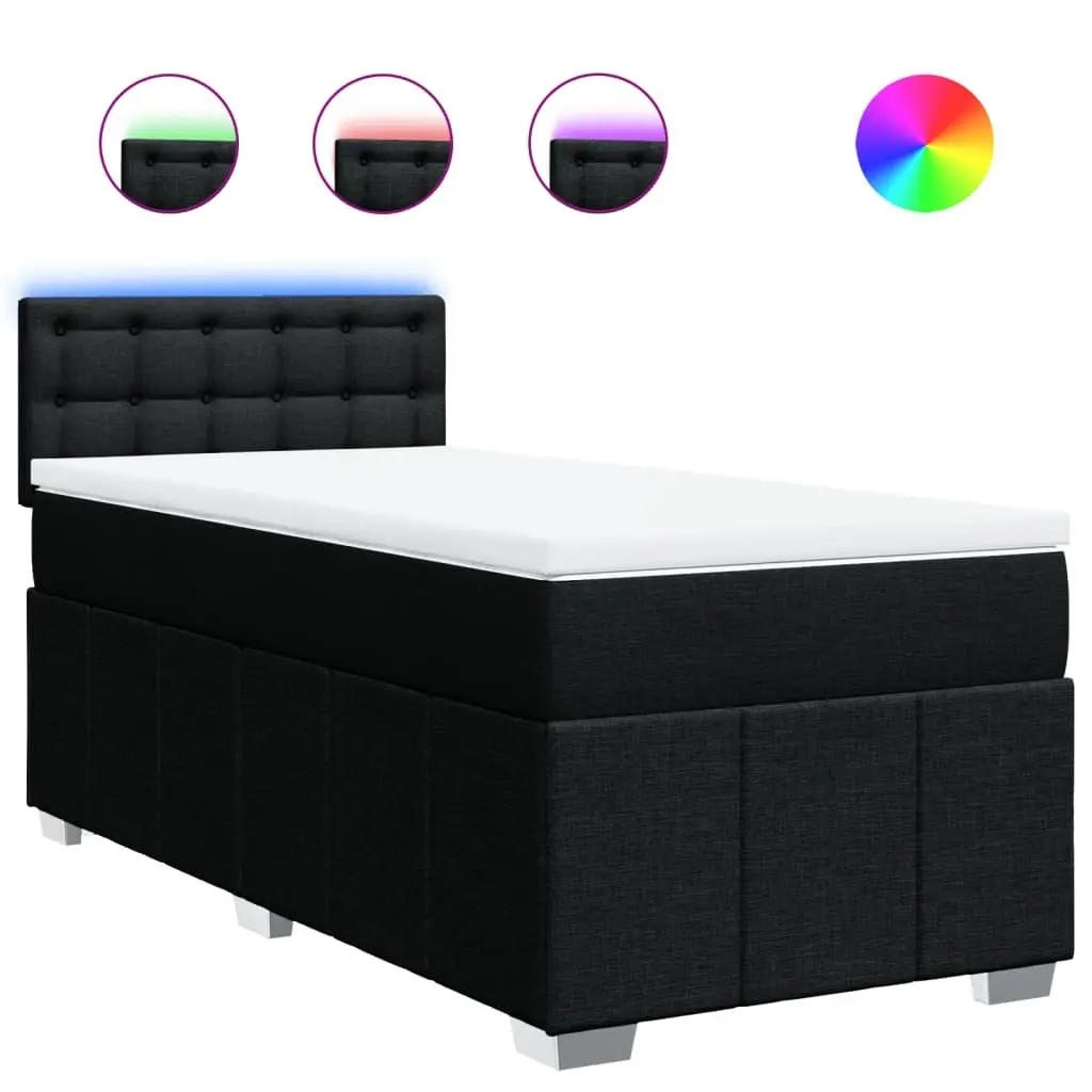 King Single Box Spring Bed with Pocket Mattress LED Lights Black Fabric