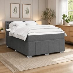 Double Box Spring Bed with Pocket Spring Mattress LED Lights Grey Fabric
