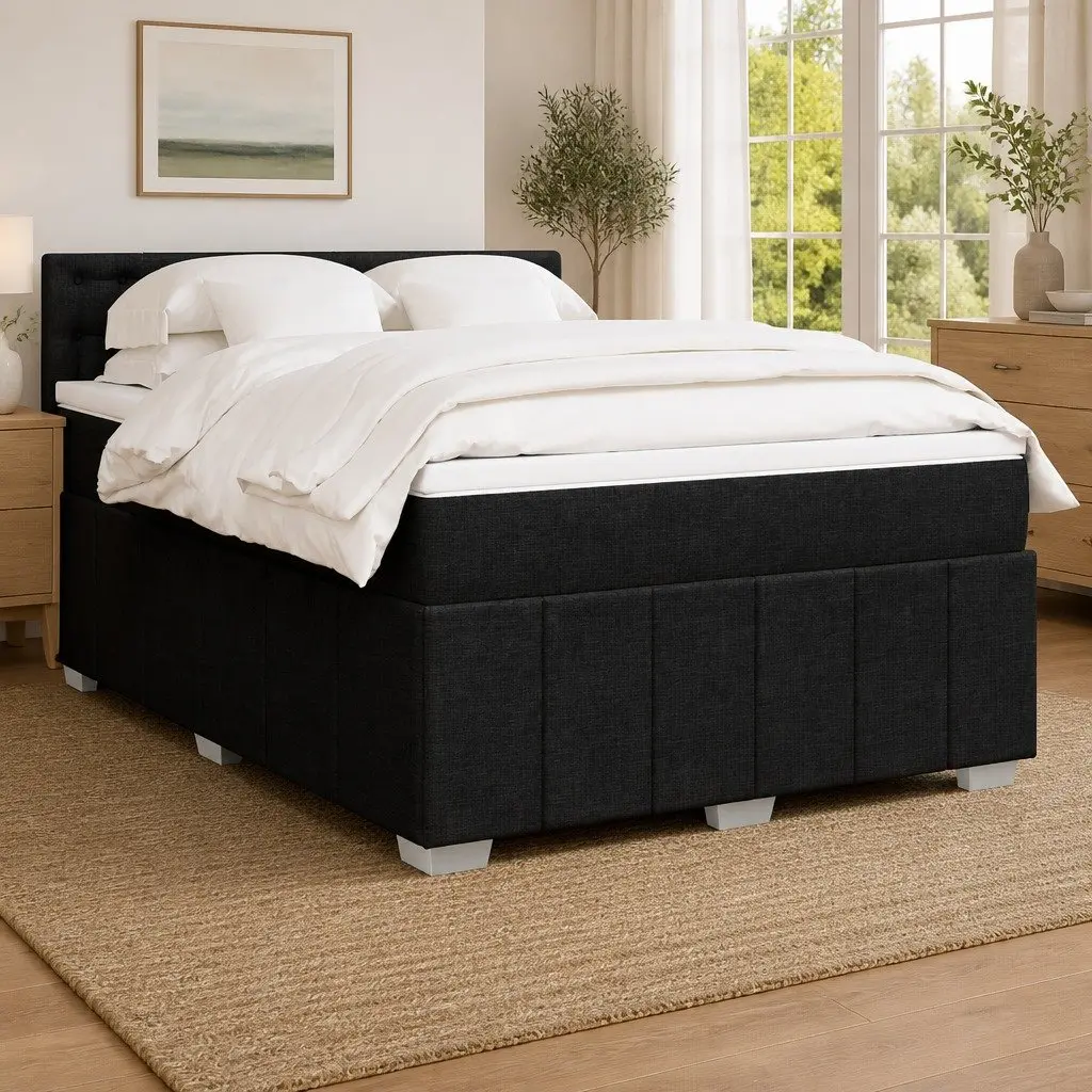 Double Box Spring Bed Pocket Spring Mattress Black Fabric
