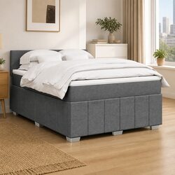 Queen Box Spring Bed with Pocket Spring Mattress LED Lights Grey Fabric Frame
