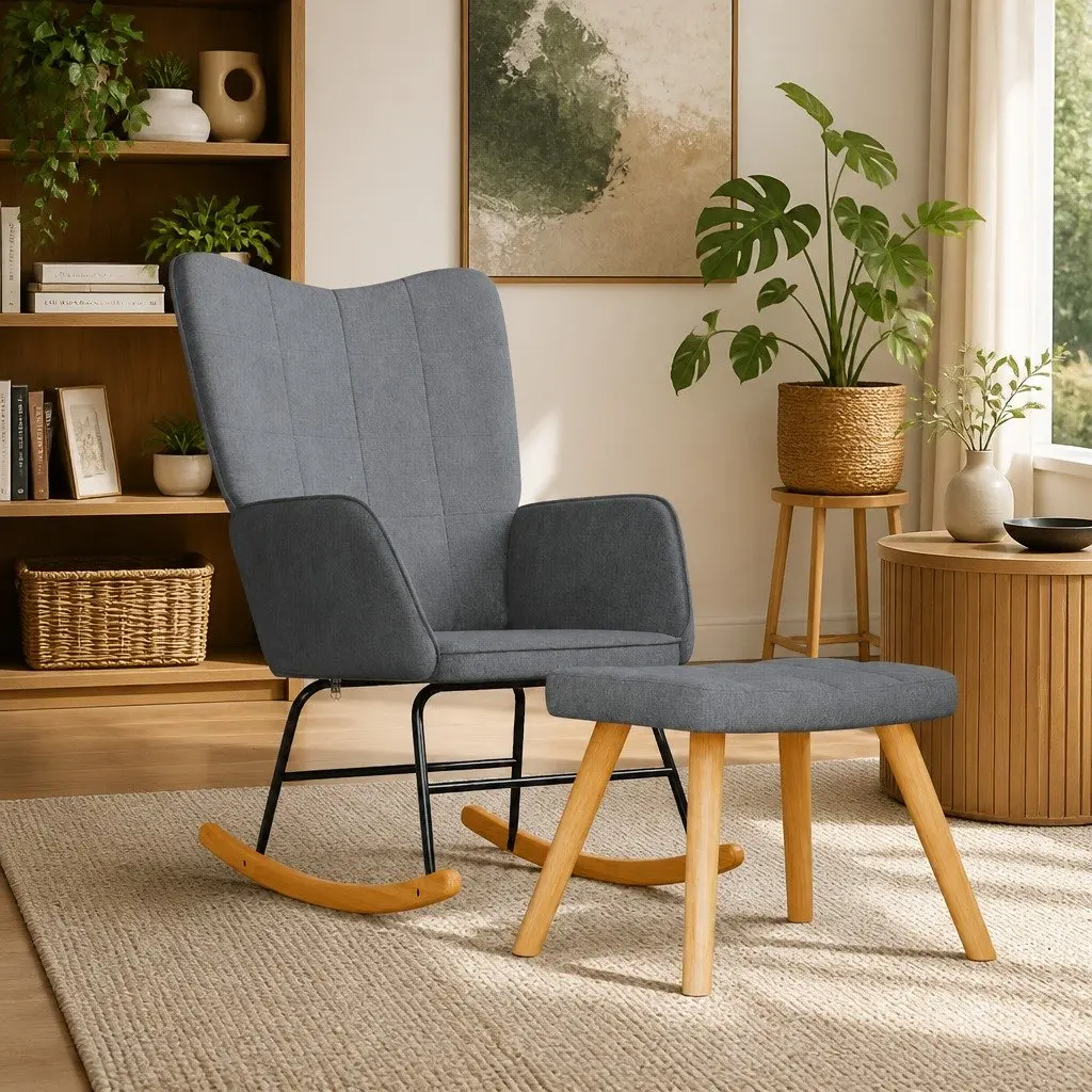Rocking Chair Padded Foam Seat Steel Frame Wooden Rails Grey Fabric with Stool