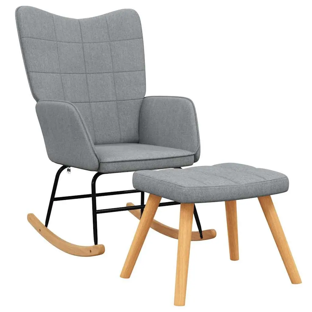 Rocking Chair Padded Foam Seat Steel Frame Wooden Rails Grey Fabric with Stool