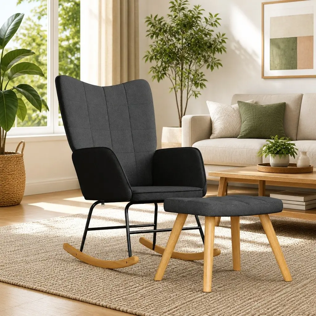 Rocking Chair Fabric Dark Grey with Footstool Steel Frame Wooden Rocking Rails