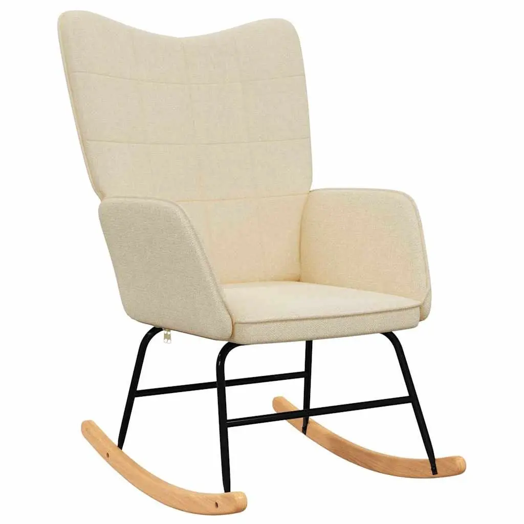 Rocking Chair Cream Fabric Padded Foam with Stool Steel Frame Wooden Rails