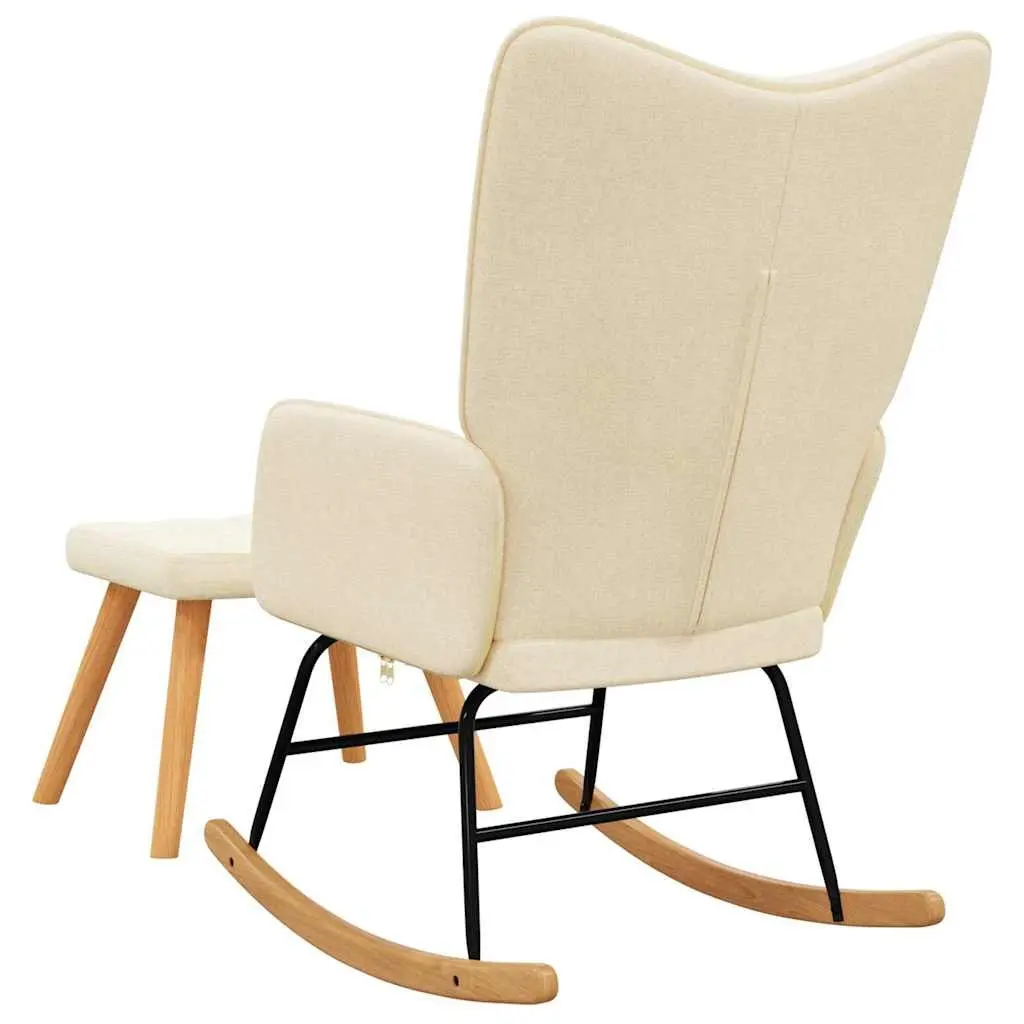 Rocking Chair Cream Fabric Padded Foam with Stool Steel Frame Wooden Rails