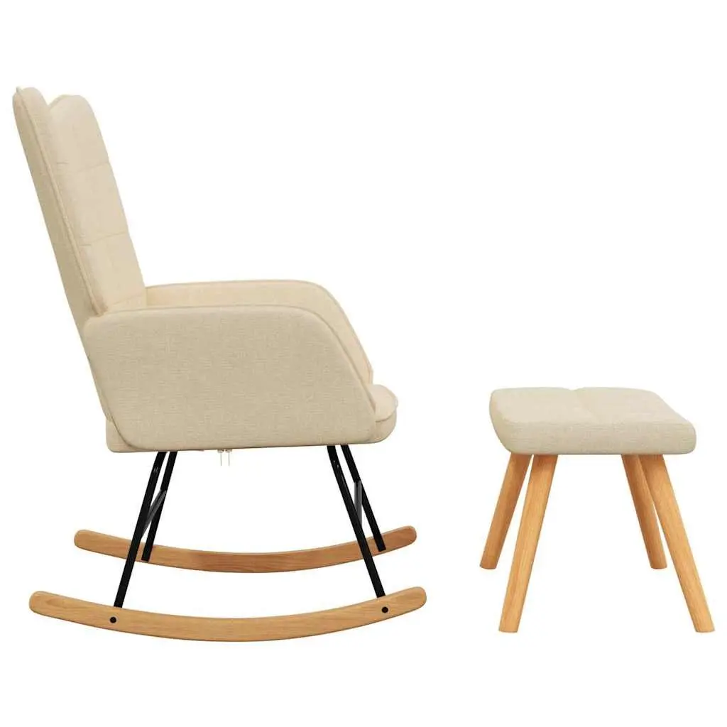 Rocking Chair Cream Fabric Padded Foam with Stool Steel Frame Wooden Rails