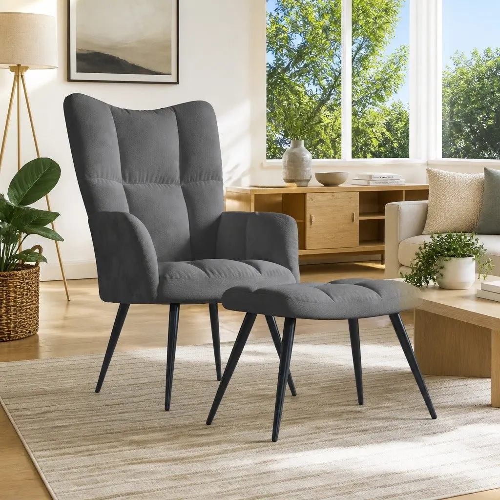 Armchair Velvet Dark Grey with Stool Steel Frame