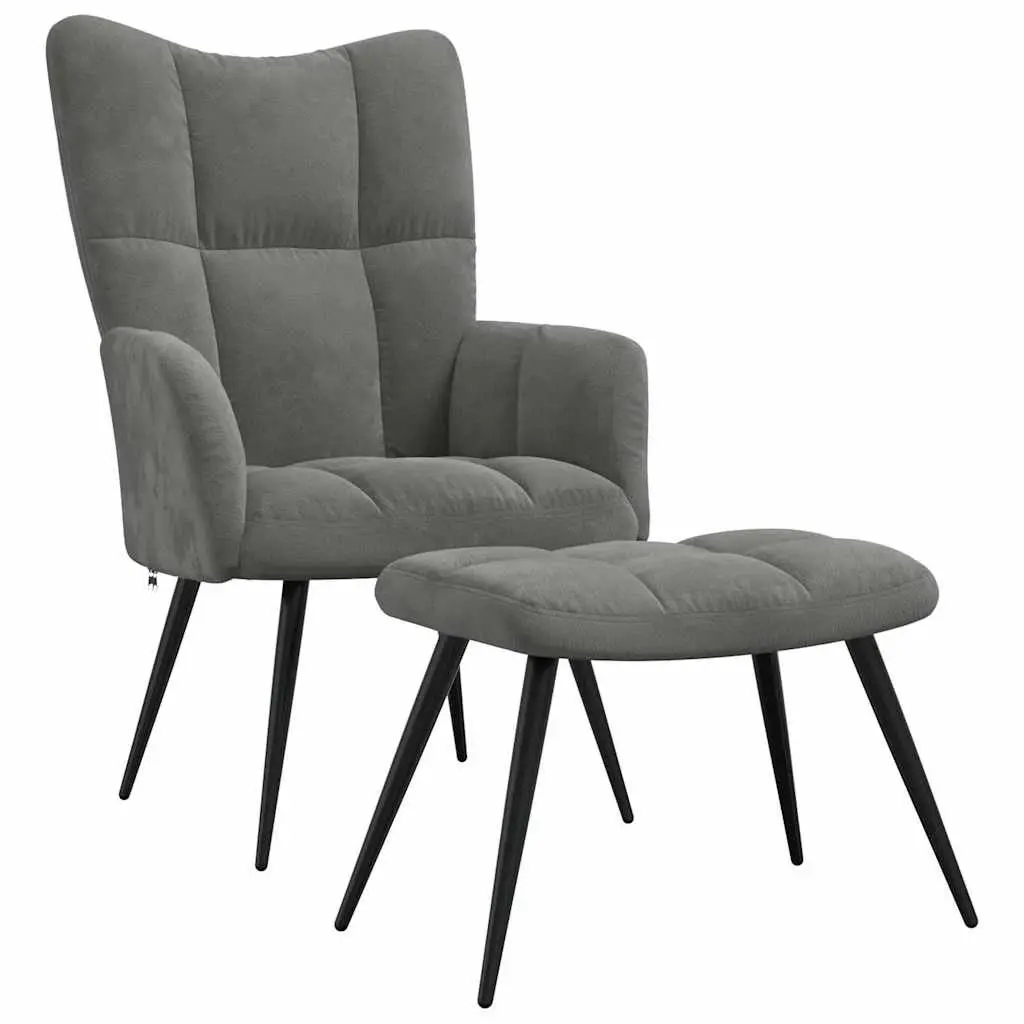Armchair Velvet Dark Grey with Stool Steel Frame